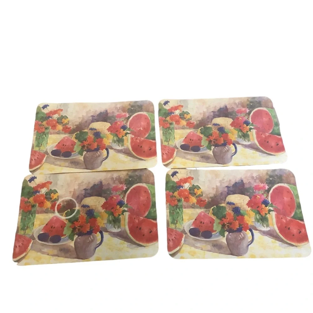 Four Vintage keller charles rectangular Placemats Watermelon Design; Flaw In One